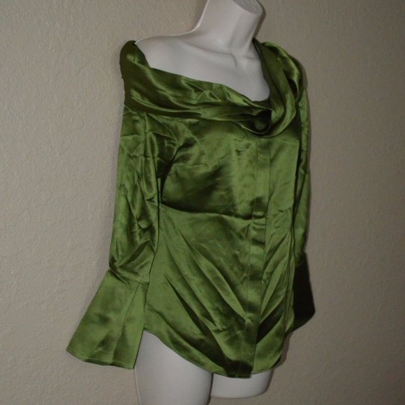 $920 Sz 2 Hellessy Green Calla Off Shoulder Silk Blouse - Picture 5 of 9